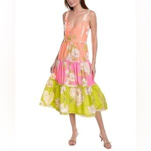 Farm Rio neon garden tiered midi dress